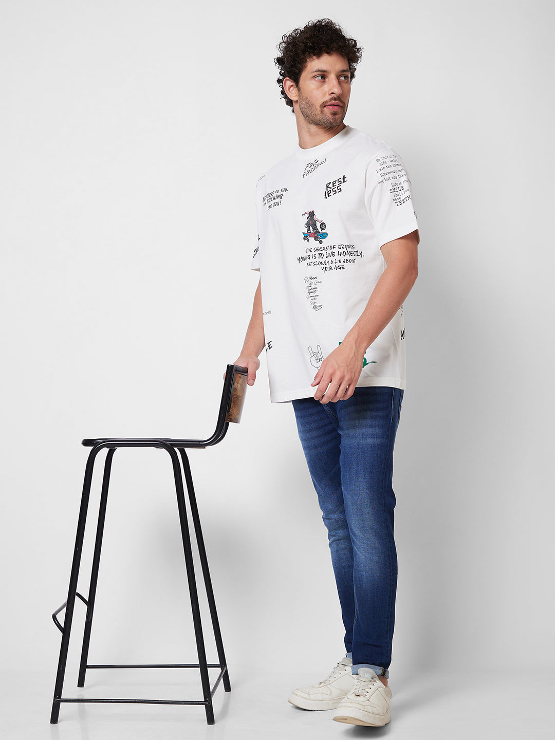 Spykar ROUND NECK HALF SLEEVES White T-shirt  For Men