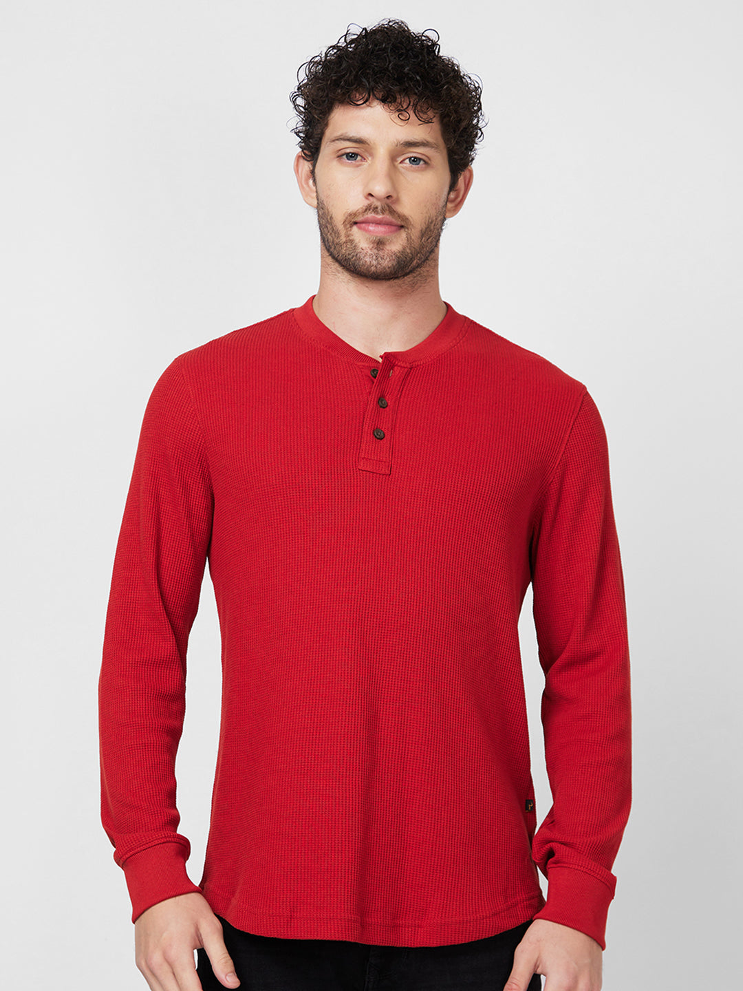 Spykar Henley Neck Full Sleeve Orange Solid T-Shirt For Men