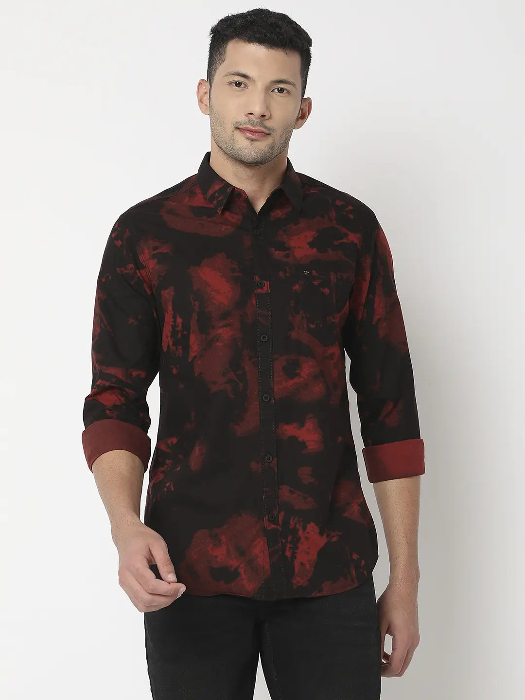 Spykar Men Wine Cotton Slim Fit Printed Shirt