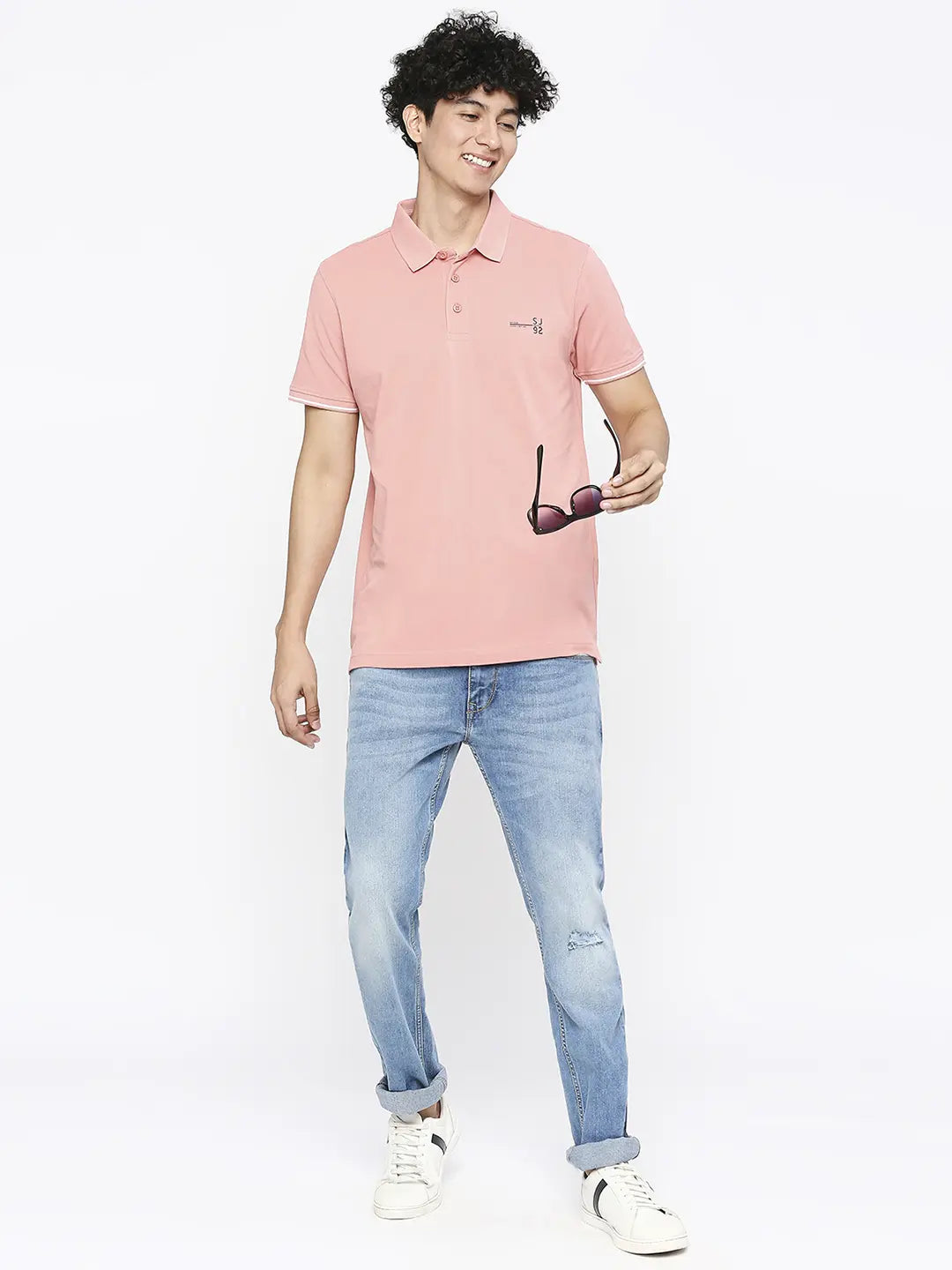 Spykar Men Dusty Pink Cotton Slim Fit Plain Polo Neck Tshirt