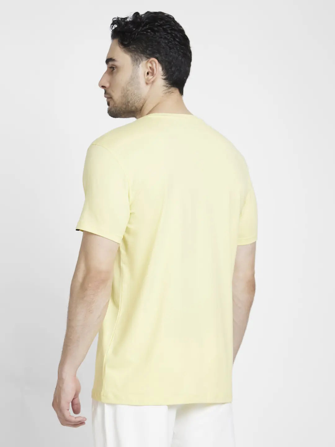 Spykar Men Powder Yellow Cotton Slim Fit Printed Round Neck Tshirt