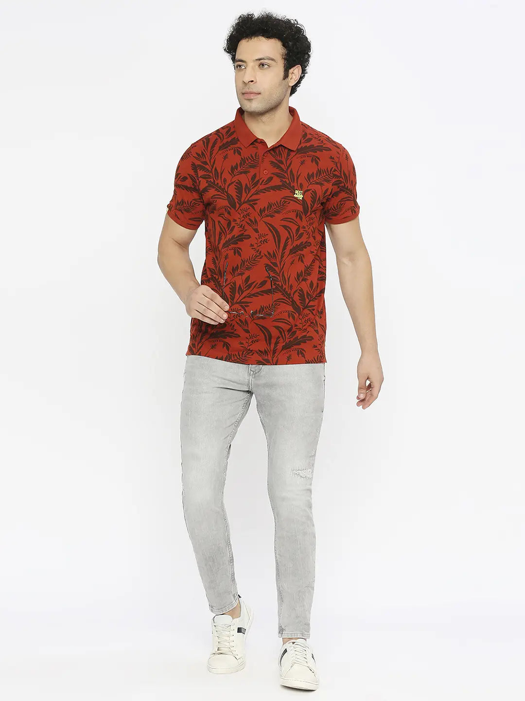 Spykar Men Burnt Orange Blended Regular Fit Half Sleeve Floral Print Polo Tshirt