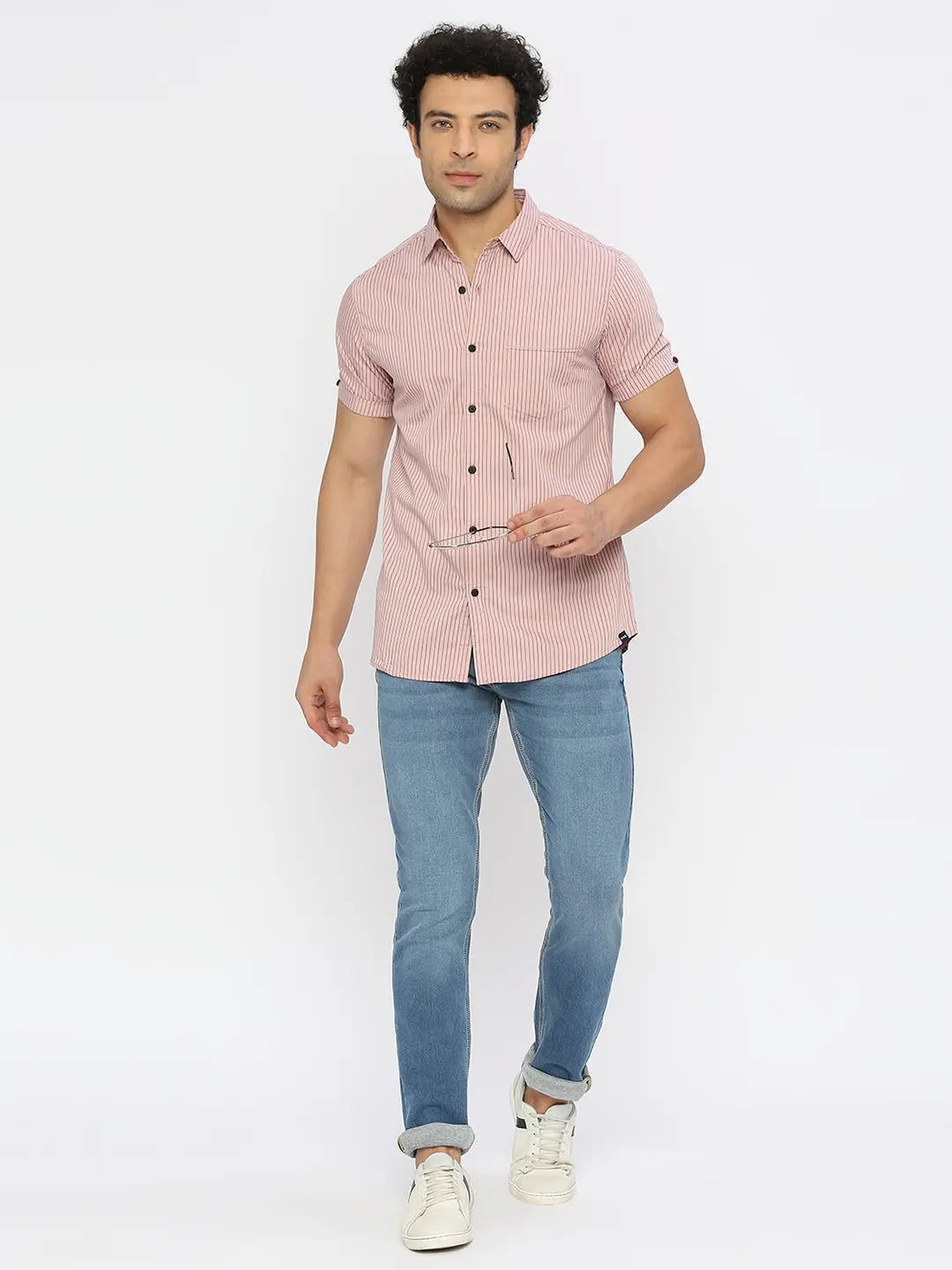 Spykar Men Tan Pink Cotton Slim Fit Half Sleeve Striped Shirt