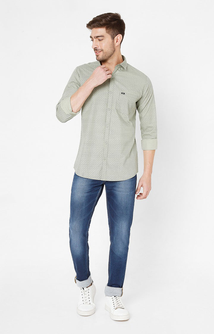 Spykar Green Cotton Slim Fit Shirts For Men