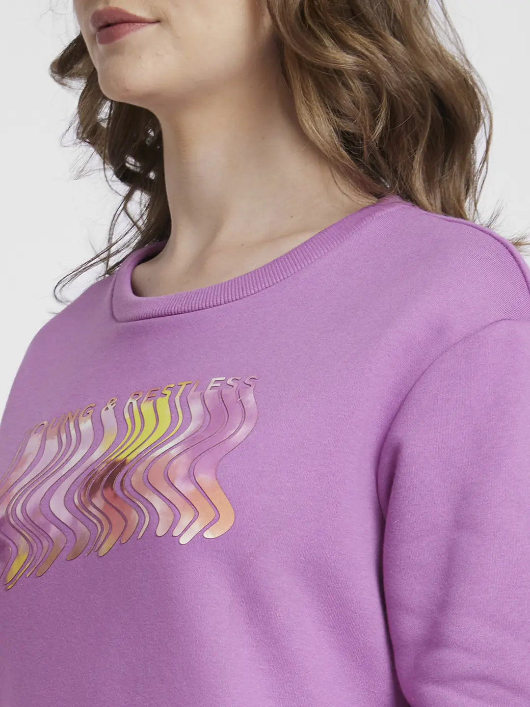 Spykar Women Digitallavender Blended Regular FIt Round Neck Printed Sweatshirt