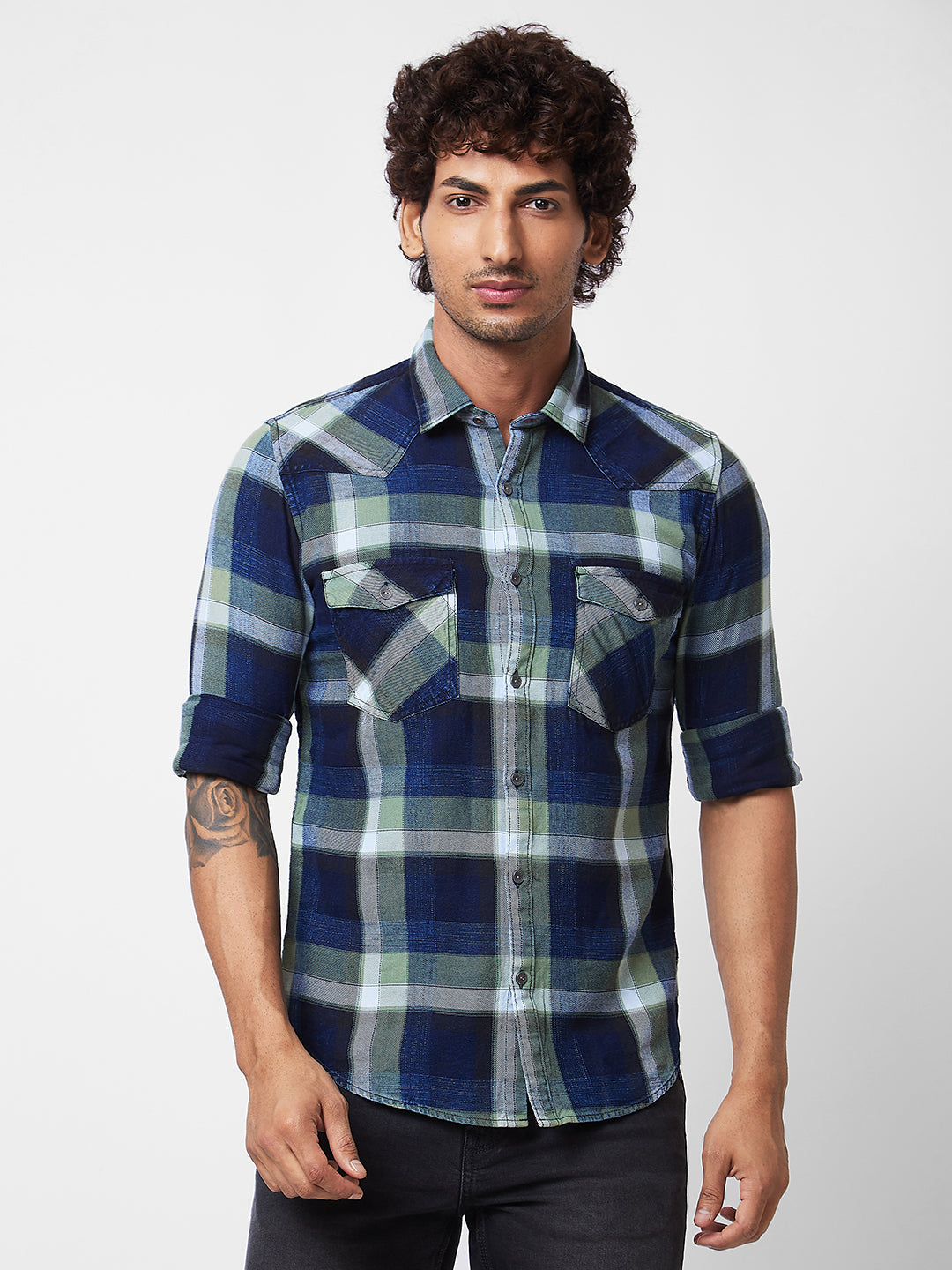 Spykar Green CHECKED FULL SLEEVE Shirt For Men