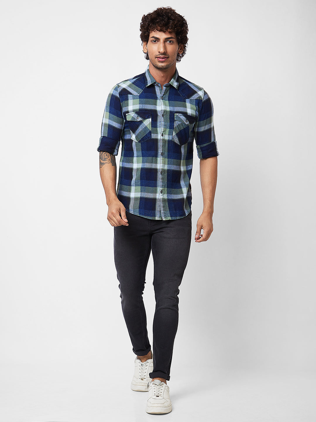 Spykar Green CHECKED FULL SLEEVE Shirt For Men