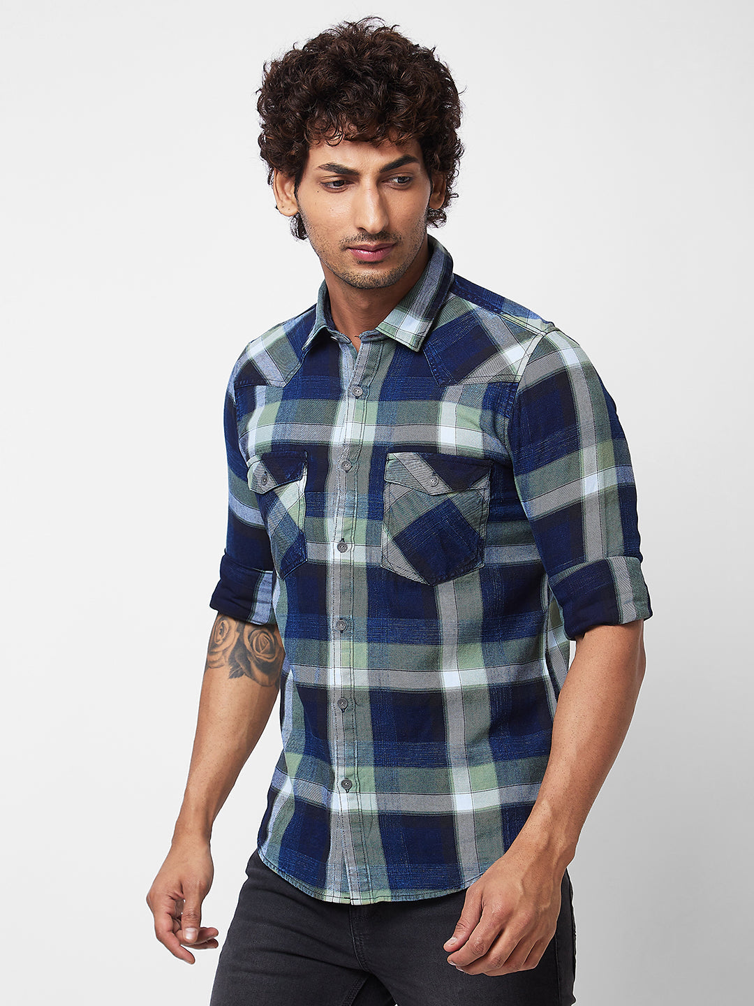 Spykar Green CHECKED FULL SLEEVE Shirt For Men