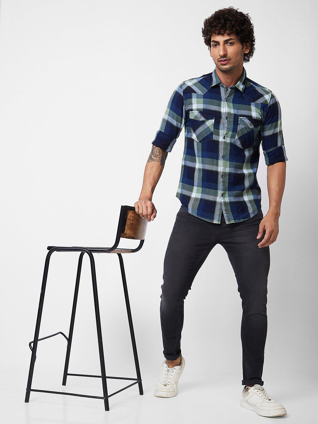 Spykar Green CHECKED FULL SLEEVE Shirt For Men