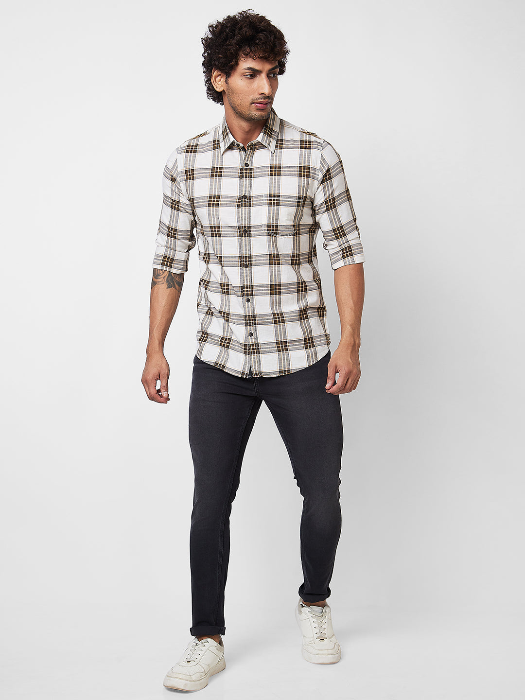 Spykar Green CHECKED FULL SLEEVE Shirt For Men