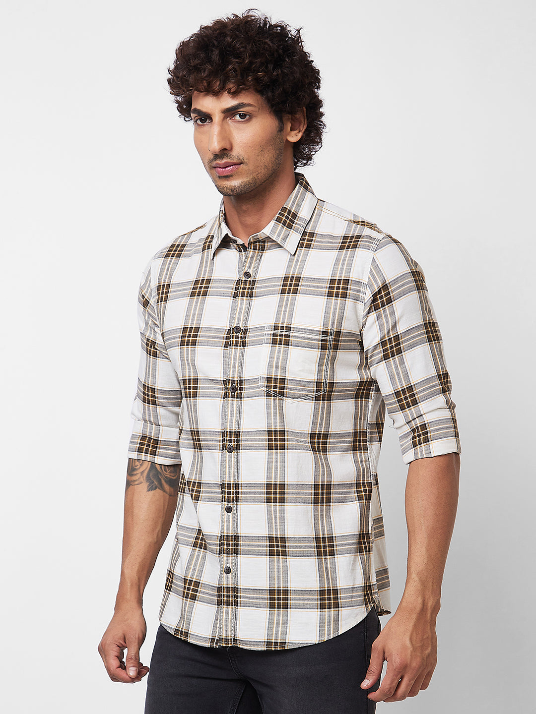 Spykar Green CHECKED FULL SLEEVE Shirt For Men