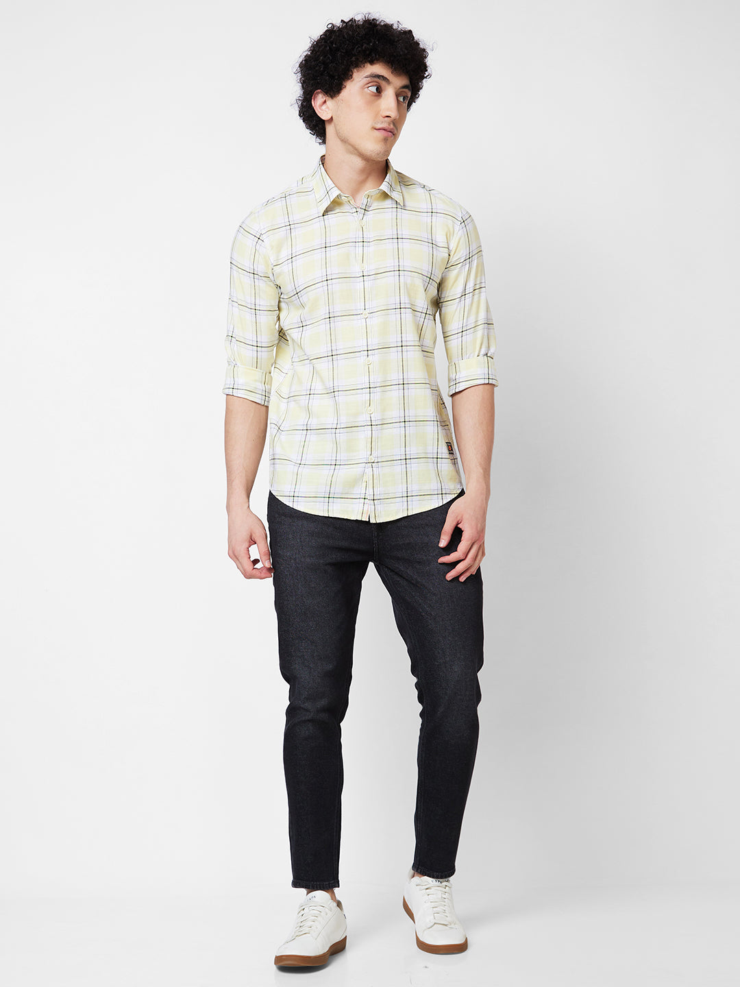 Spykar Yellow CHECKED FULL SLEEVE Shirt For Men