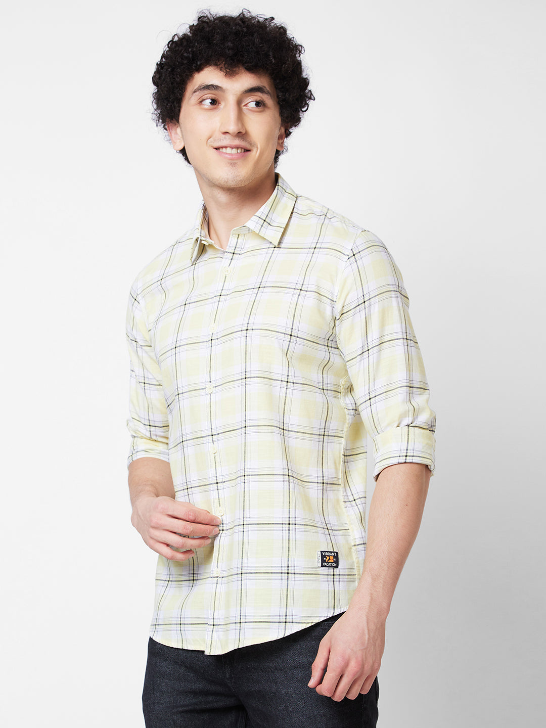 Spykar Yellow CHECKED FULL SLEEVE Shirt For Men