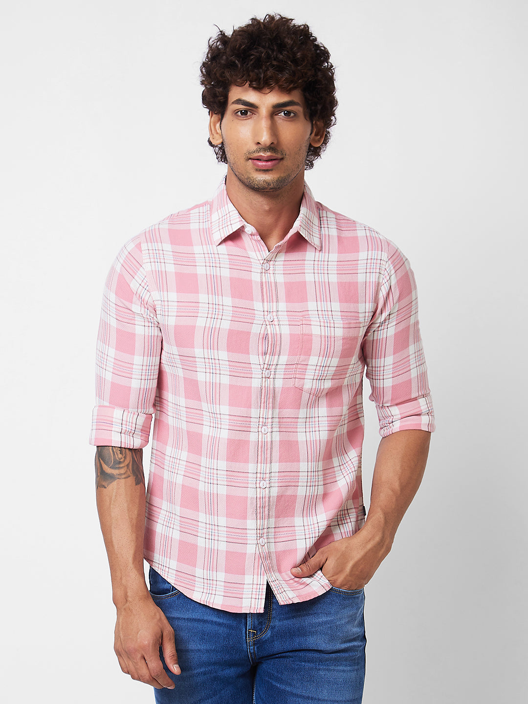 Spykar Pink CHECKED FULL SLEEVE Shirt For Men