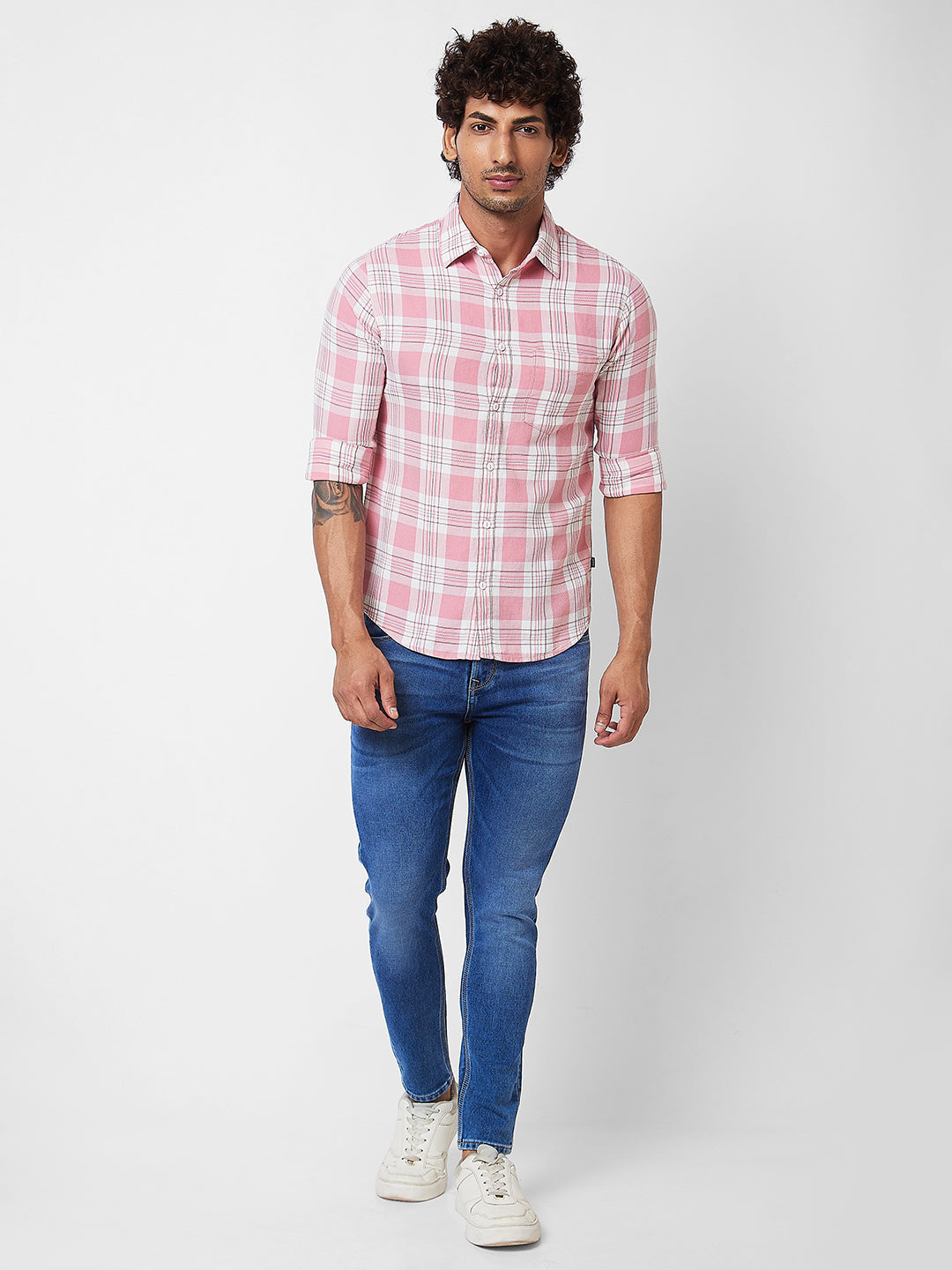 Spykar Pink CHECKED FULL SLEEVE Shirt For Men