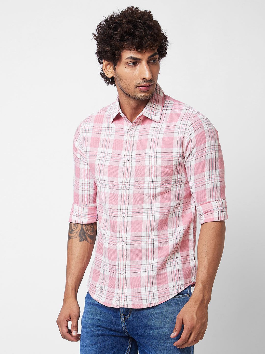 Spykar Pink CHECKED FULL SLEEVE Shirt For Men