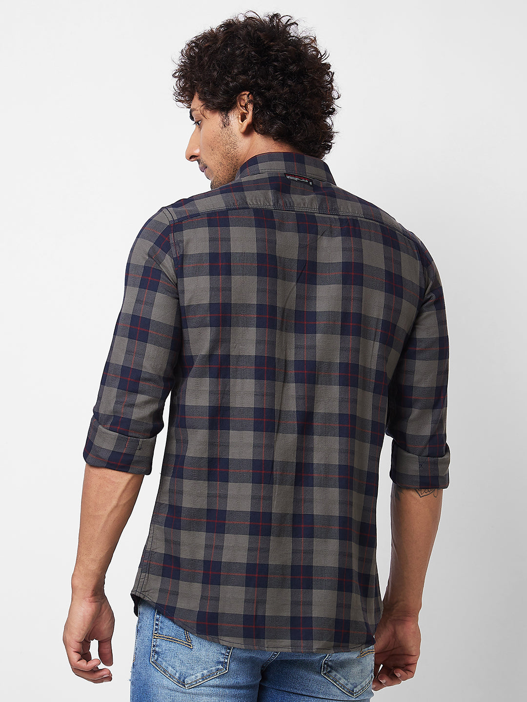 Spykar Khaki CHECKED FULL SLEEVE Shirt For Men