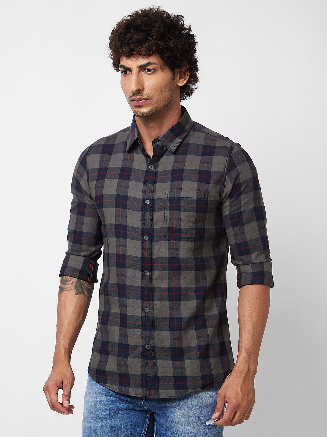 Spykar Khaki CHECKED FULL SLEEVE Shirt For Men