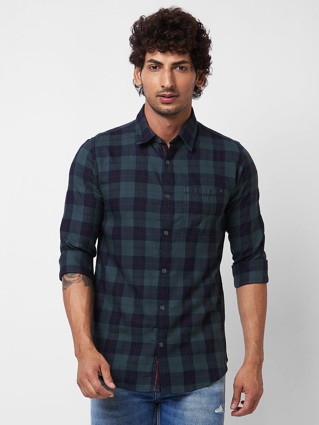 Spykar Green CHECKED FULL SLEEVE Shirt For Men