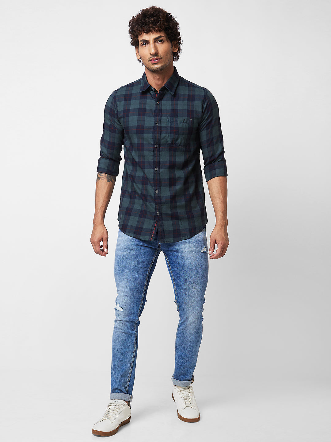 Spykar Green CHECKED FULL SLEEVE Shirt For Men