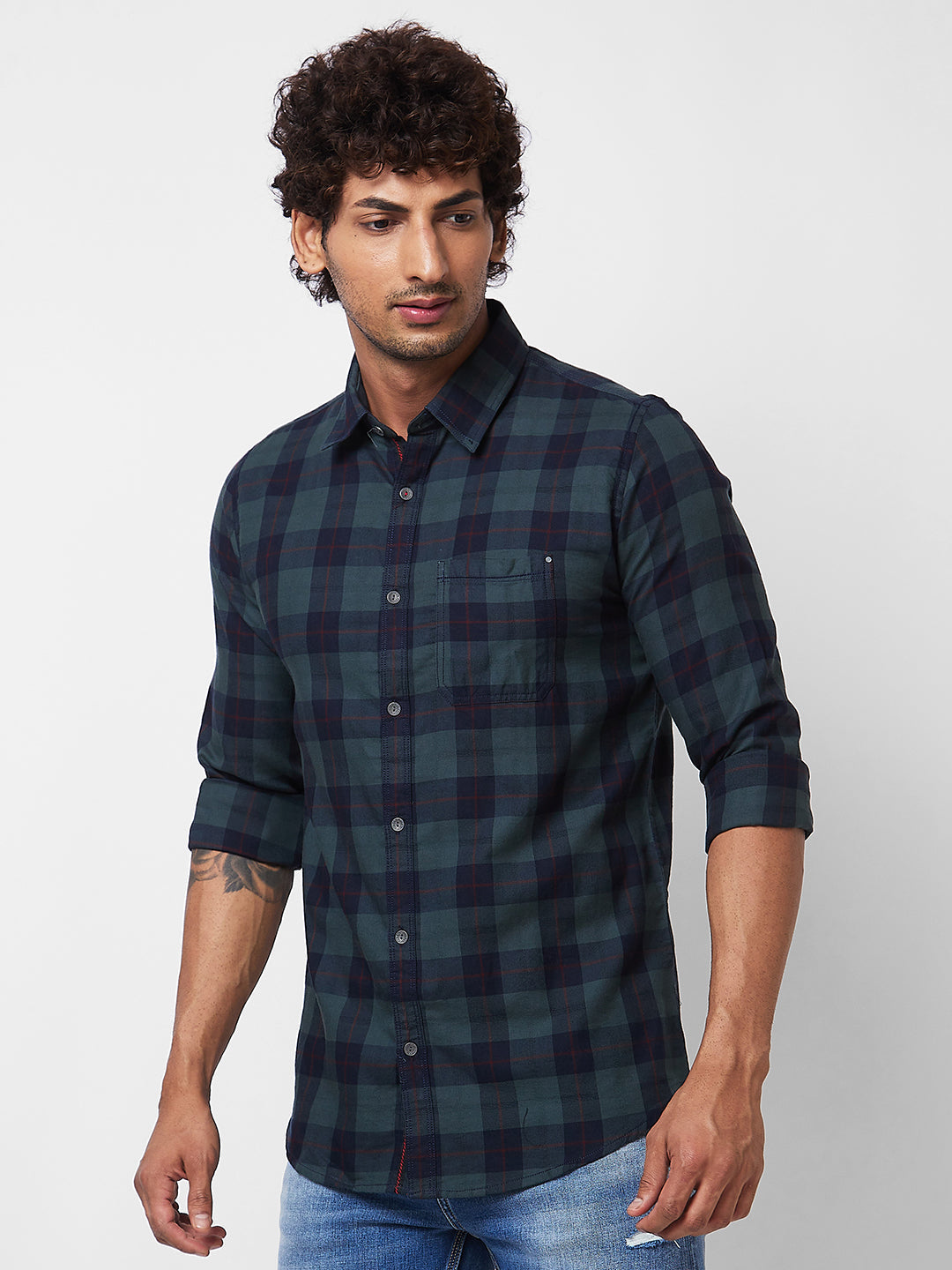 Spykar Green CHECKED FULL SLEEVE Shirt For Men