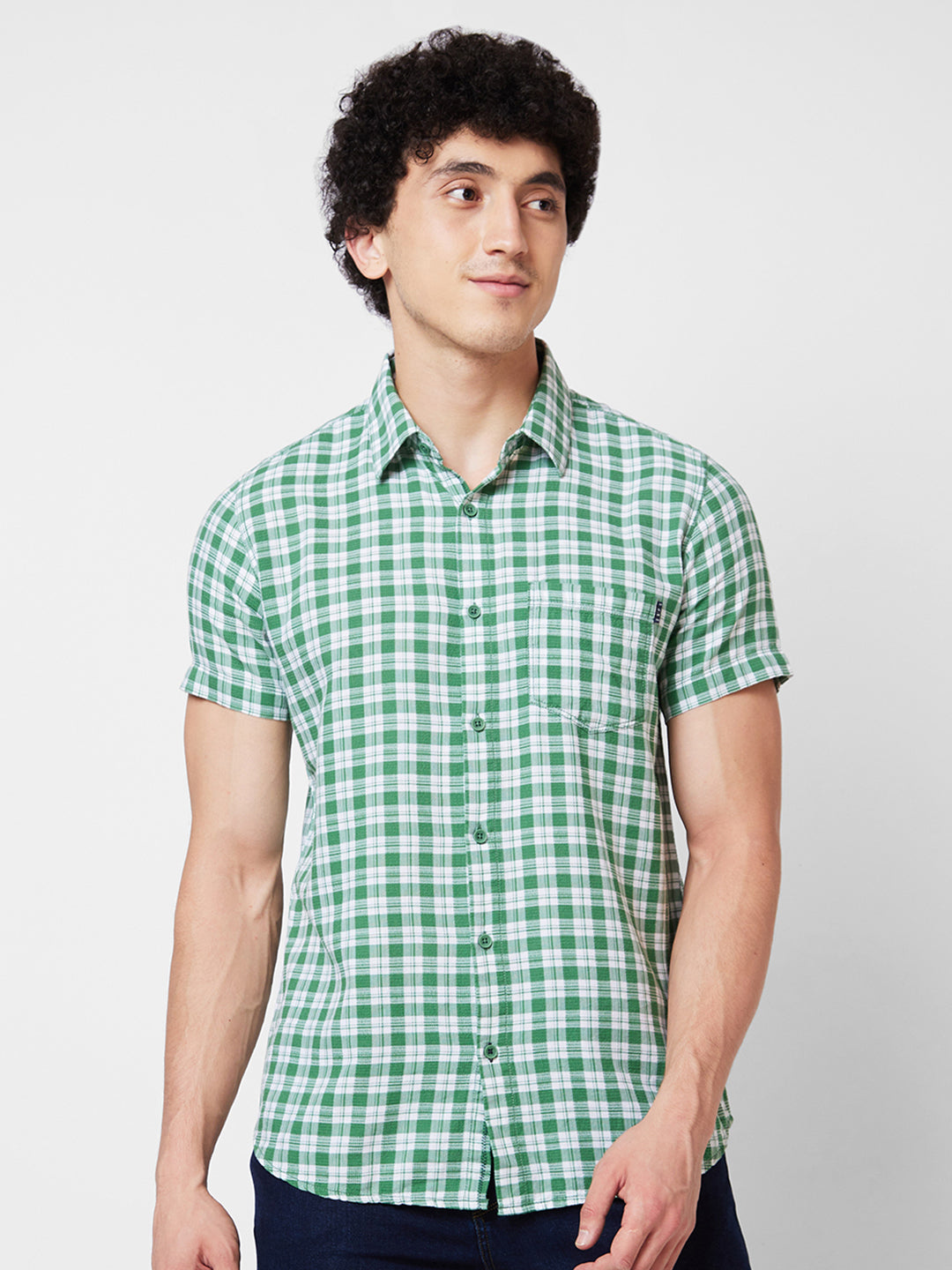 Spykar Green CHECKED HALF SLEEVE Shirt For Men