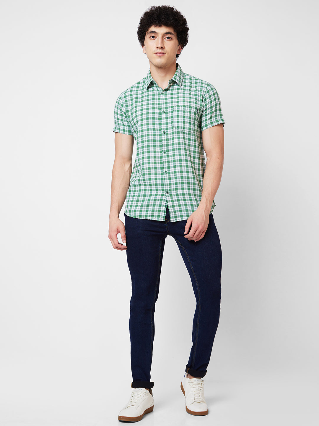 Spykar Green CHECKED HALF SLEEVE Shirt For Men