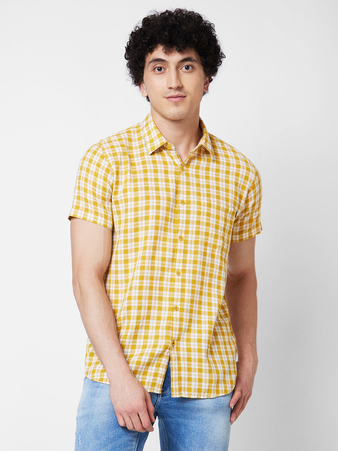 Spykar Yellow CHECKED HALF SLEEVE Shirt For Men