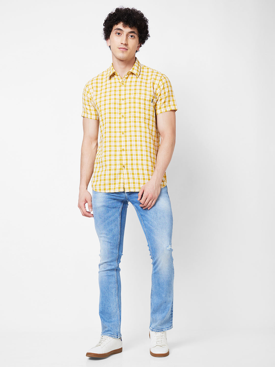 Spykar Yellow CHECKED HALF SLEEVE Shirt For Men