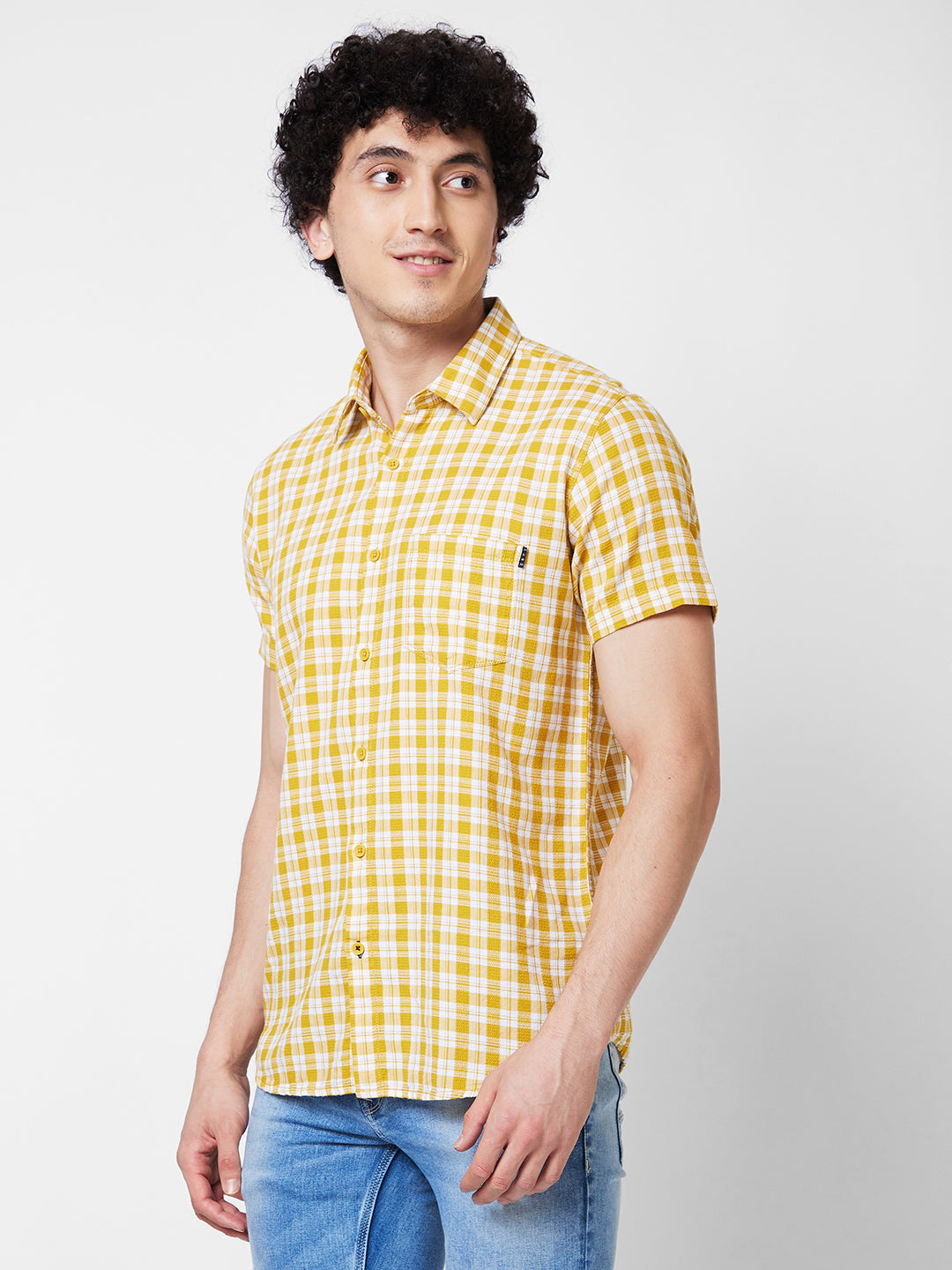 Spykar Yellow CHECKED HALF SLEEVE Shirt For Men