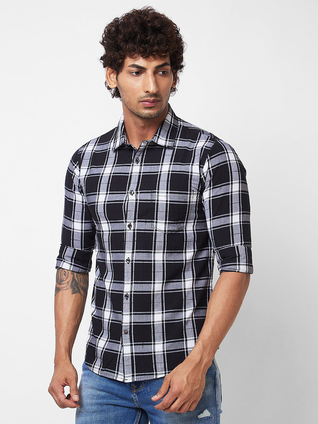 Spykar Black CHECKED FULL SLEEVE Shirt For Men