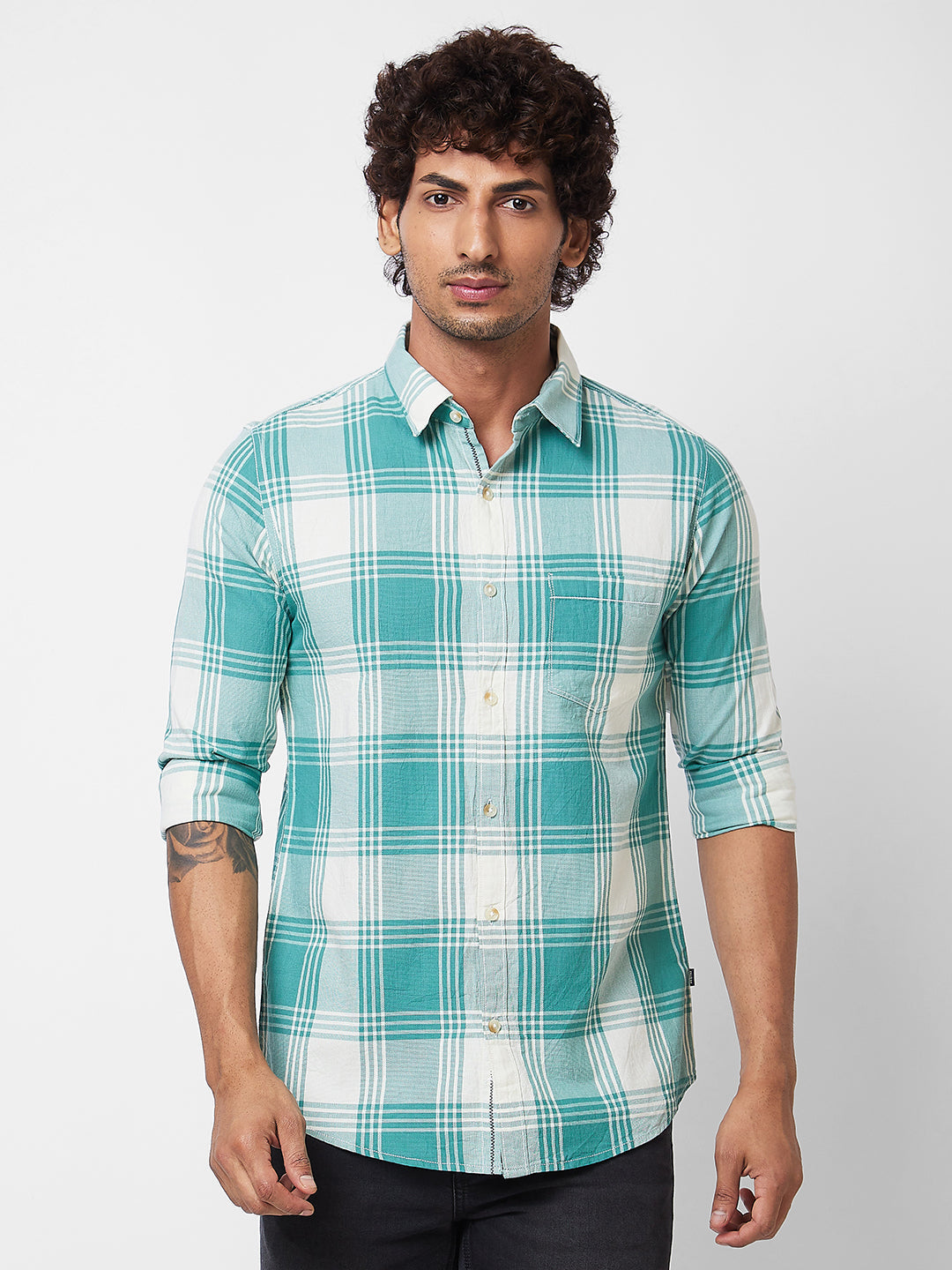 Spykar Green CHECKED FULL SLEEVE Shirt For Men