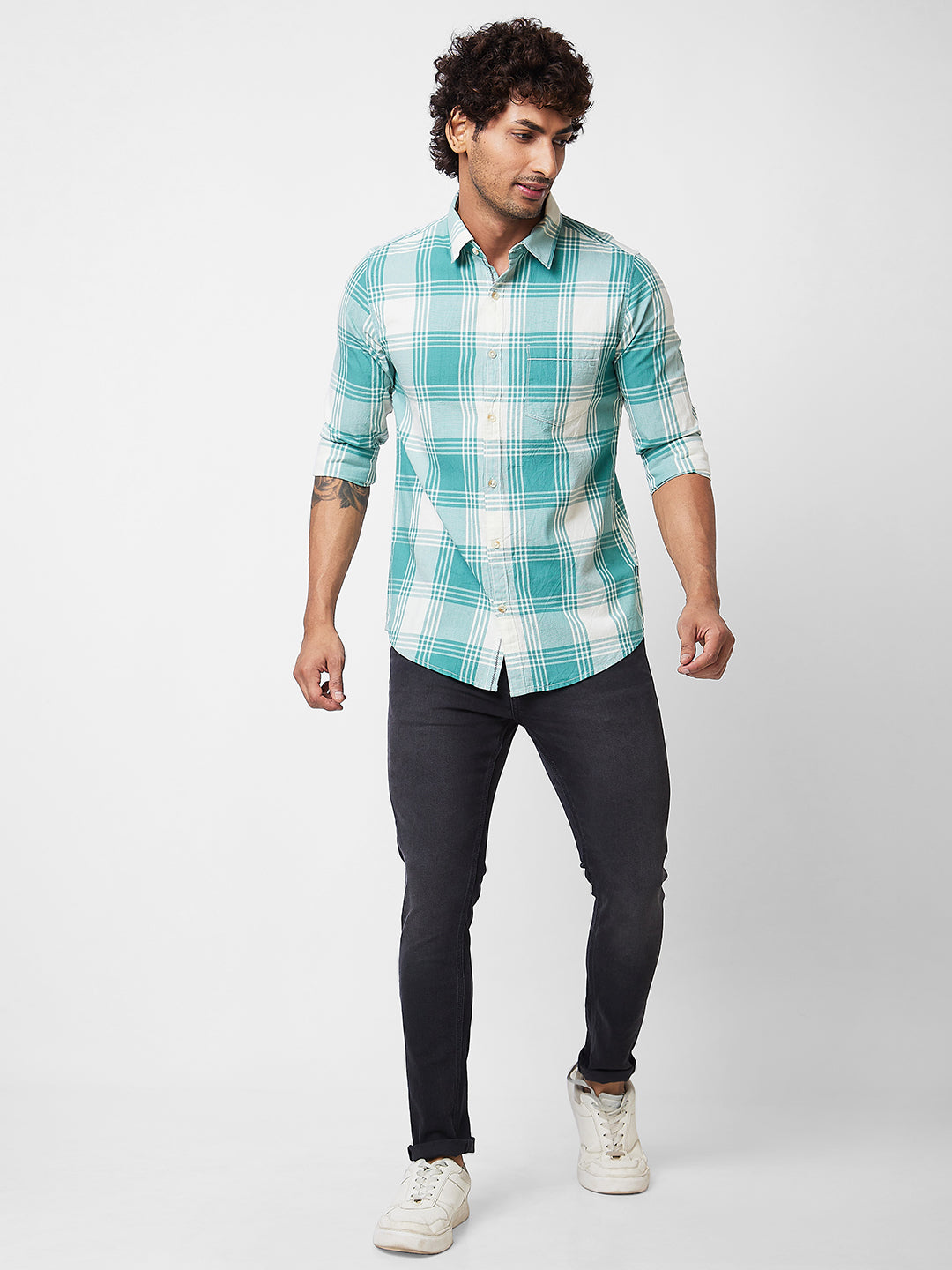 Spykar Green CHECKED FULL SLEEVE Shirt For Men