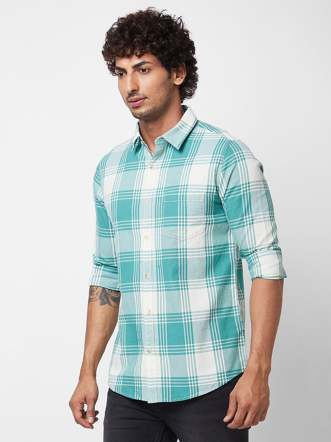 Spykar Green CHECKED FULL SLEEVE Shirt For Men