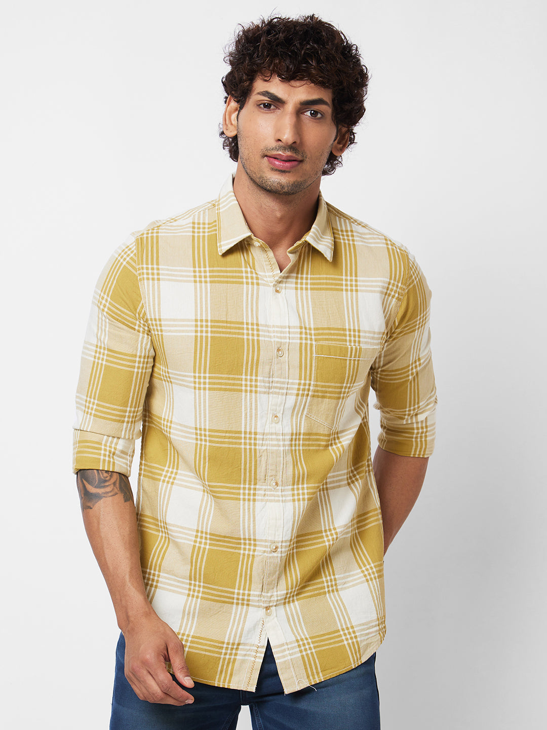 Spykar Khaki CHECKED FULL SLEEVE Shirt For Men