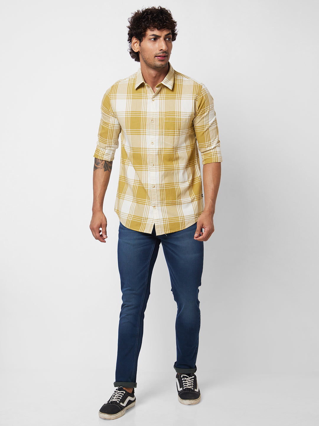 Spykar Khaki CHECKED FULL SLEEVE Shirt For Men