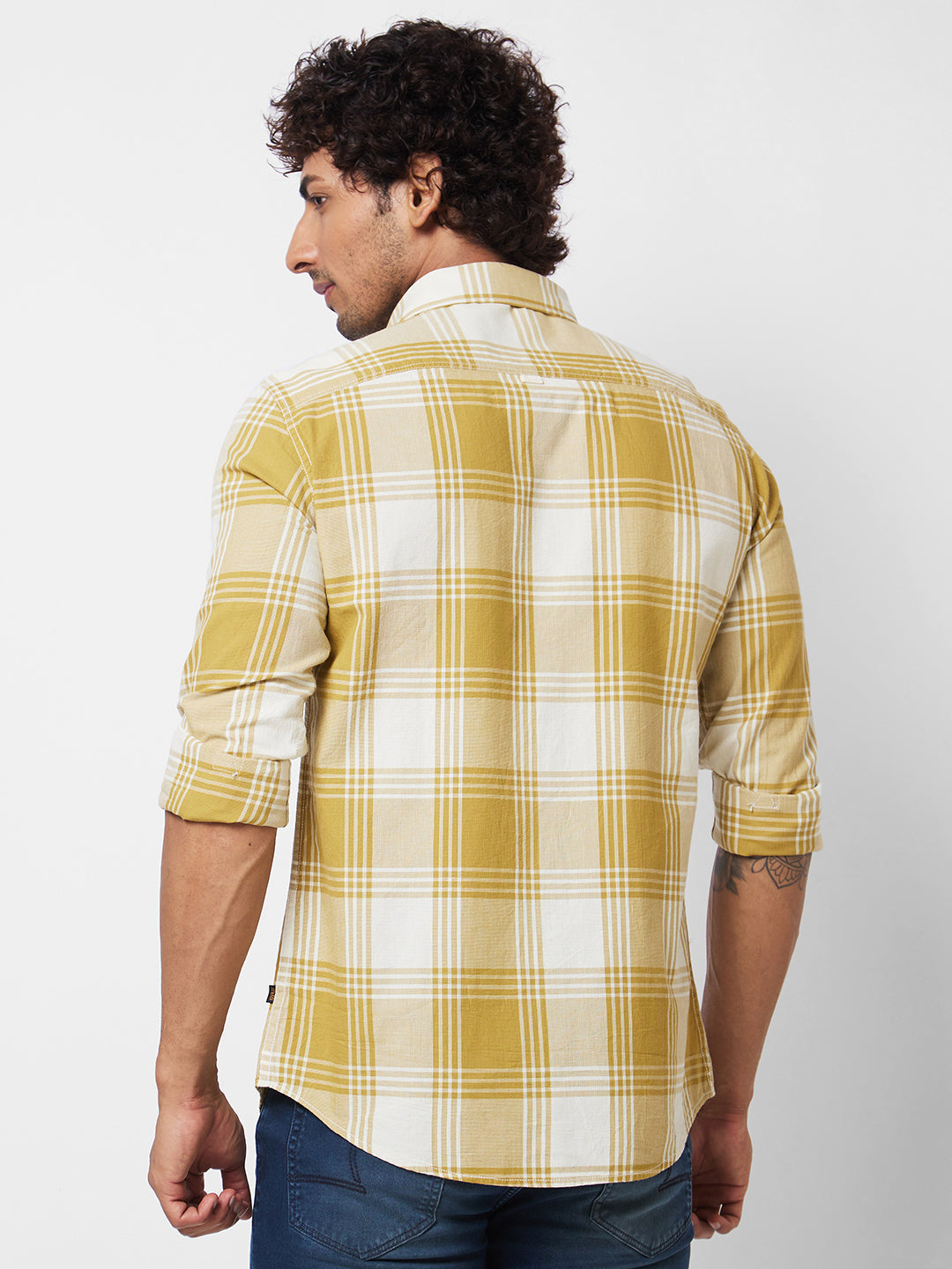 Spykar Khaki CHECKED FULL SLEEVE Shirt For Men