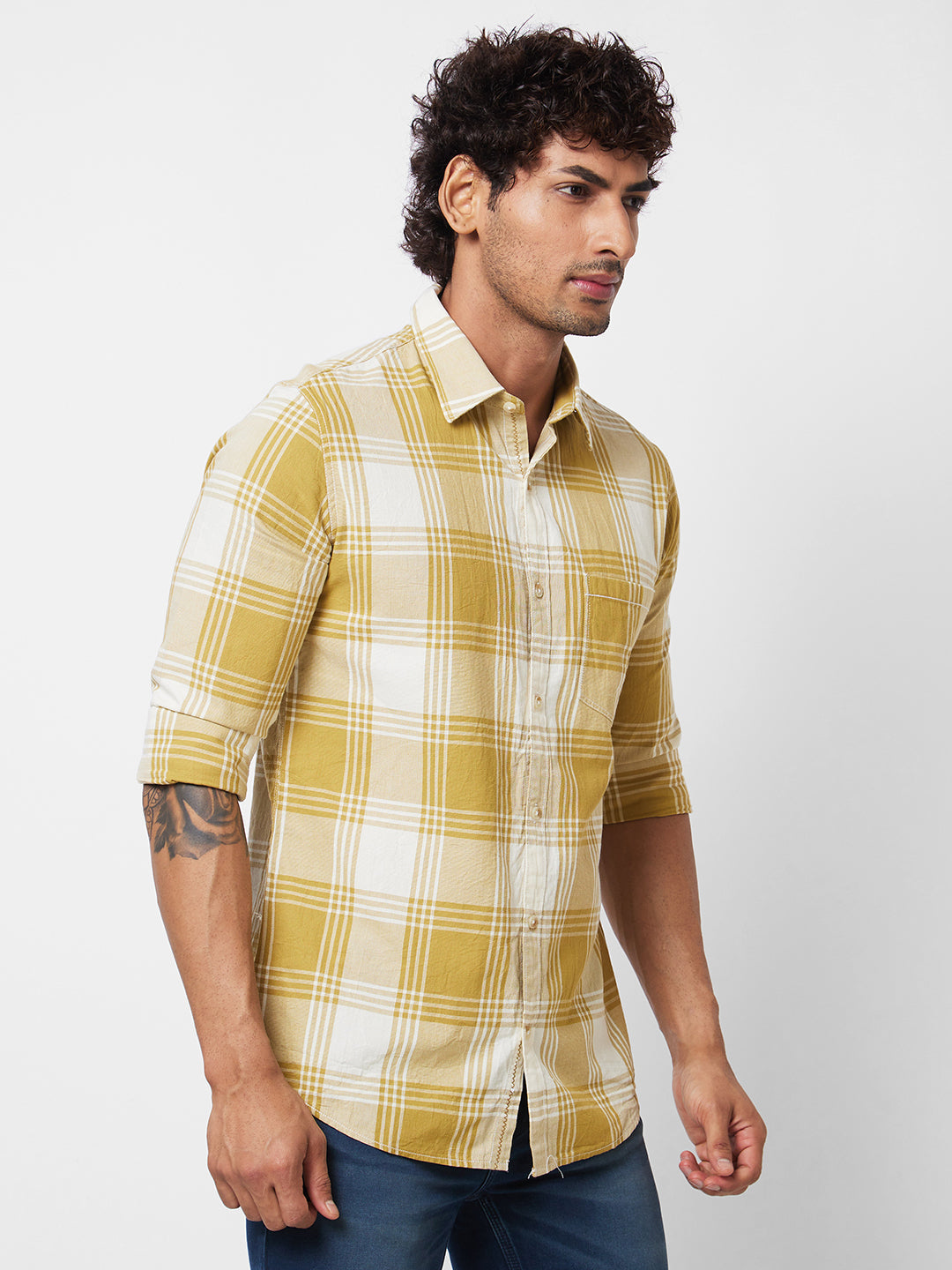 Spykar Khaki CHECKED FULL SLEEVE Shirt For Men