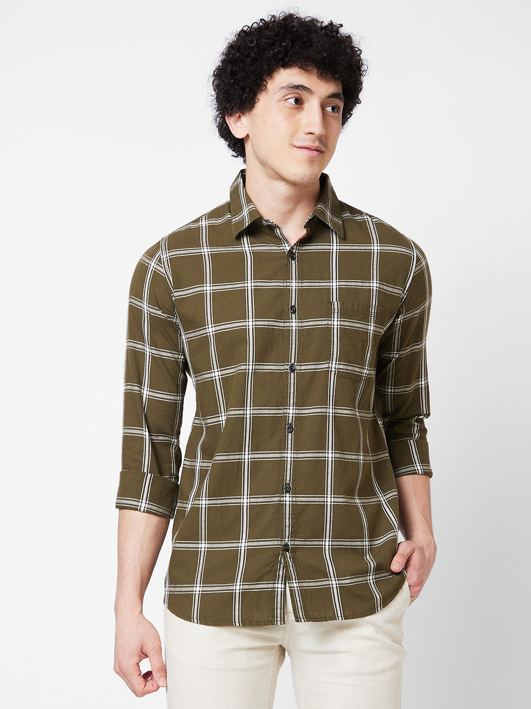 Spykar Green CHECKED FULL SLEEVE Shirt For Men