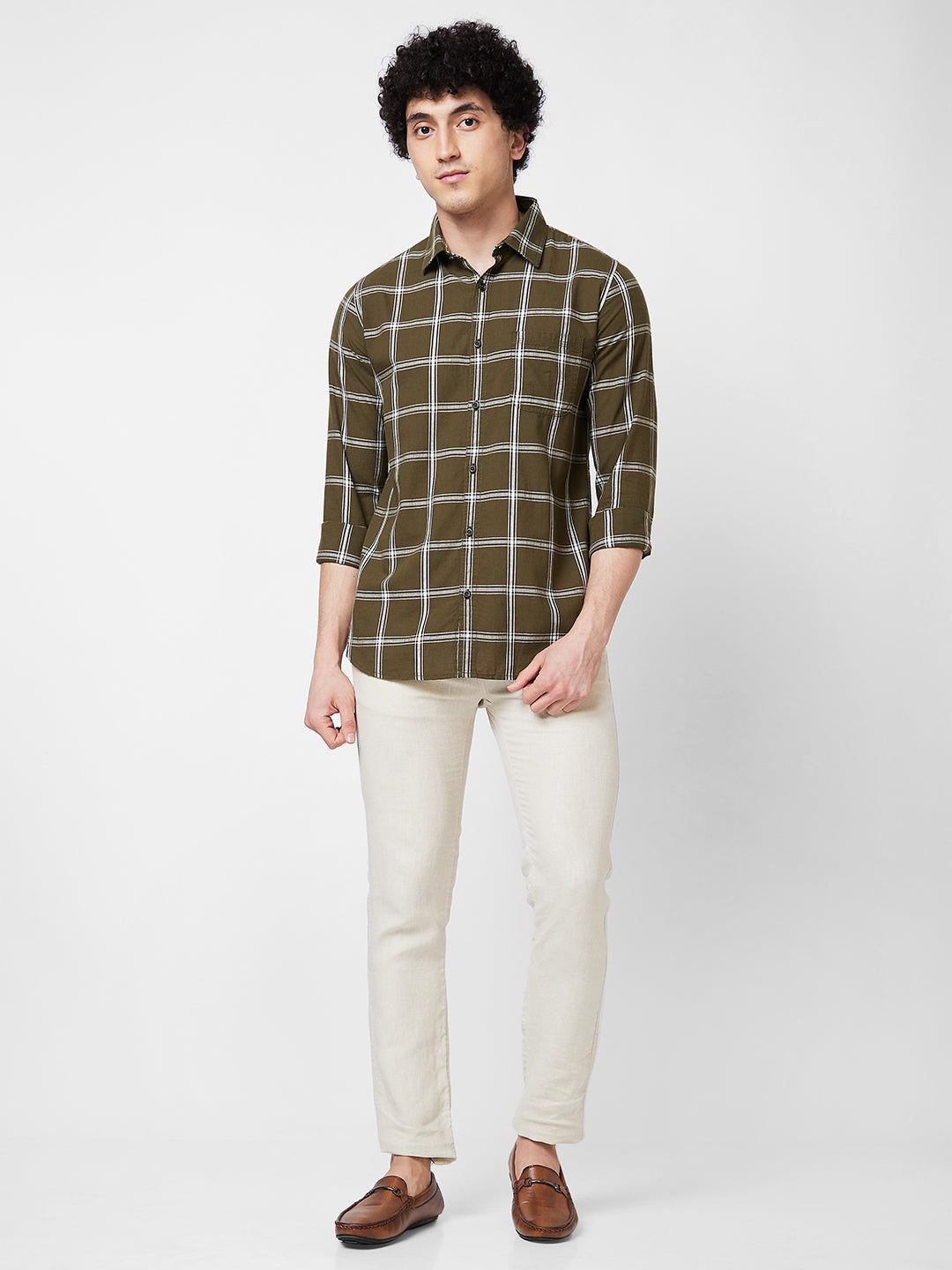 Spykar Green CHECKED FULL SLEEVE Shirt For Men