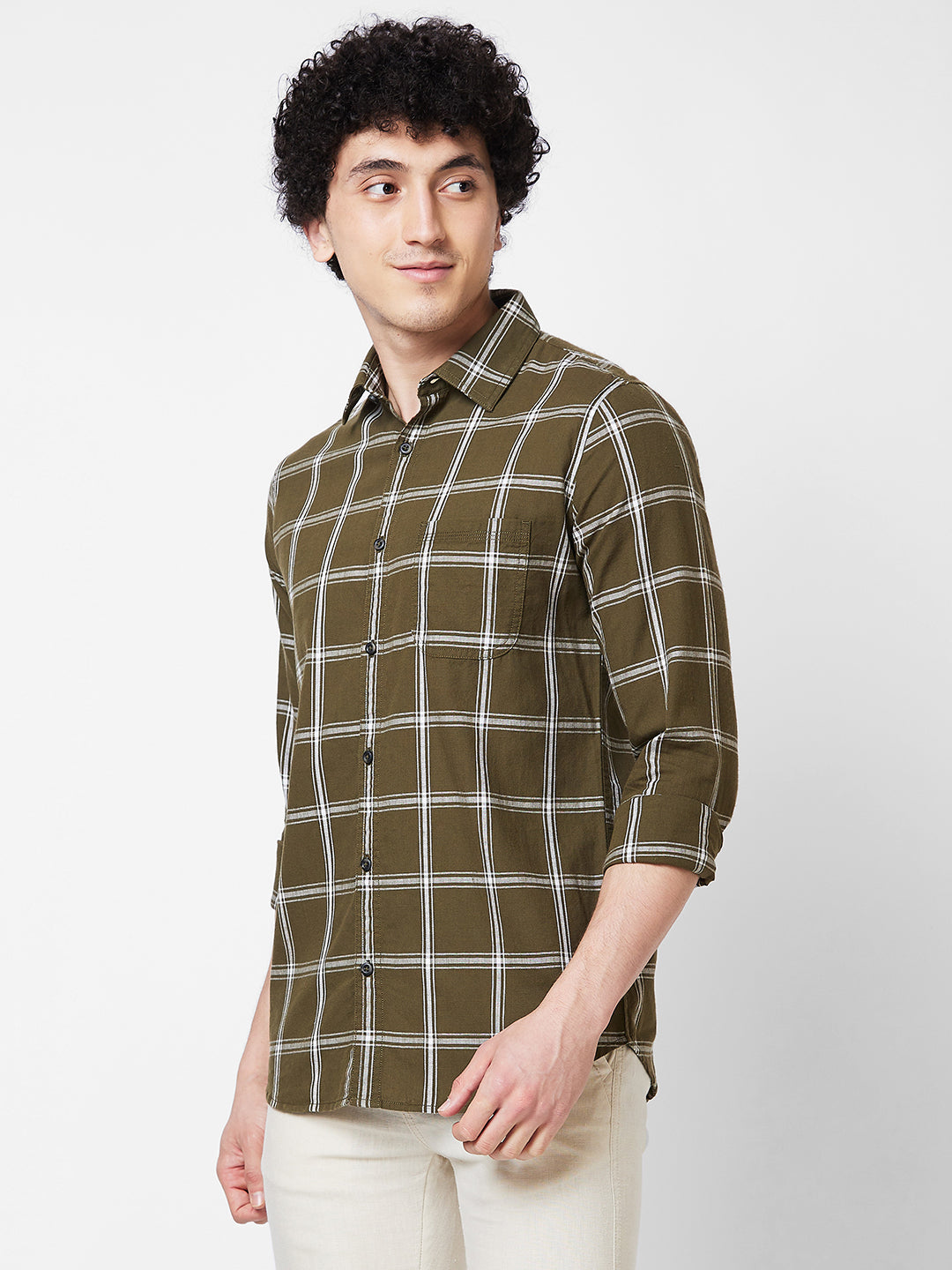 Spykar Green CHECKED FULL SLEEVE Shirt For Men