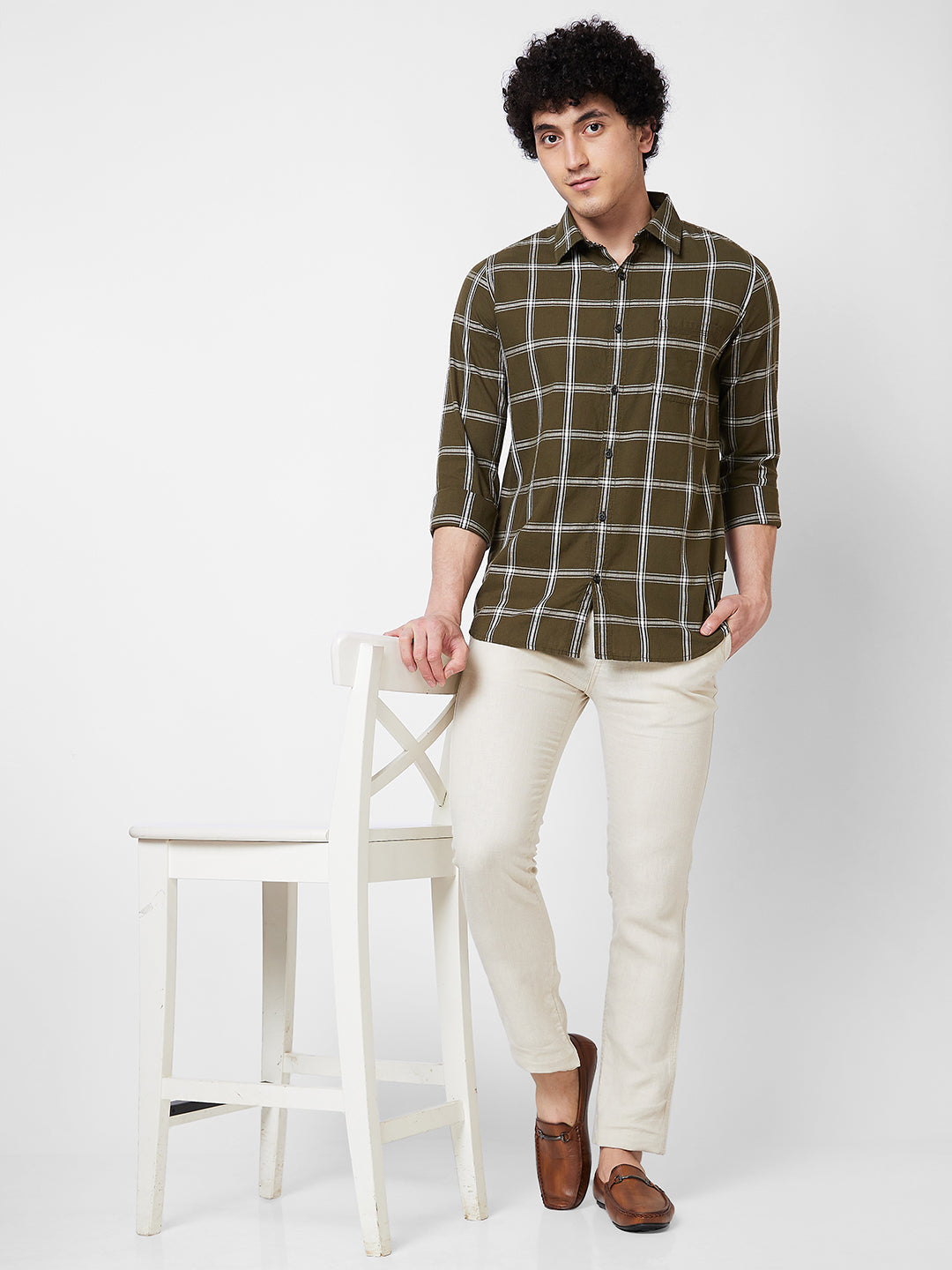 Spykar Green CHECKED FULL SLEEVE Shirt For Men