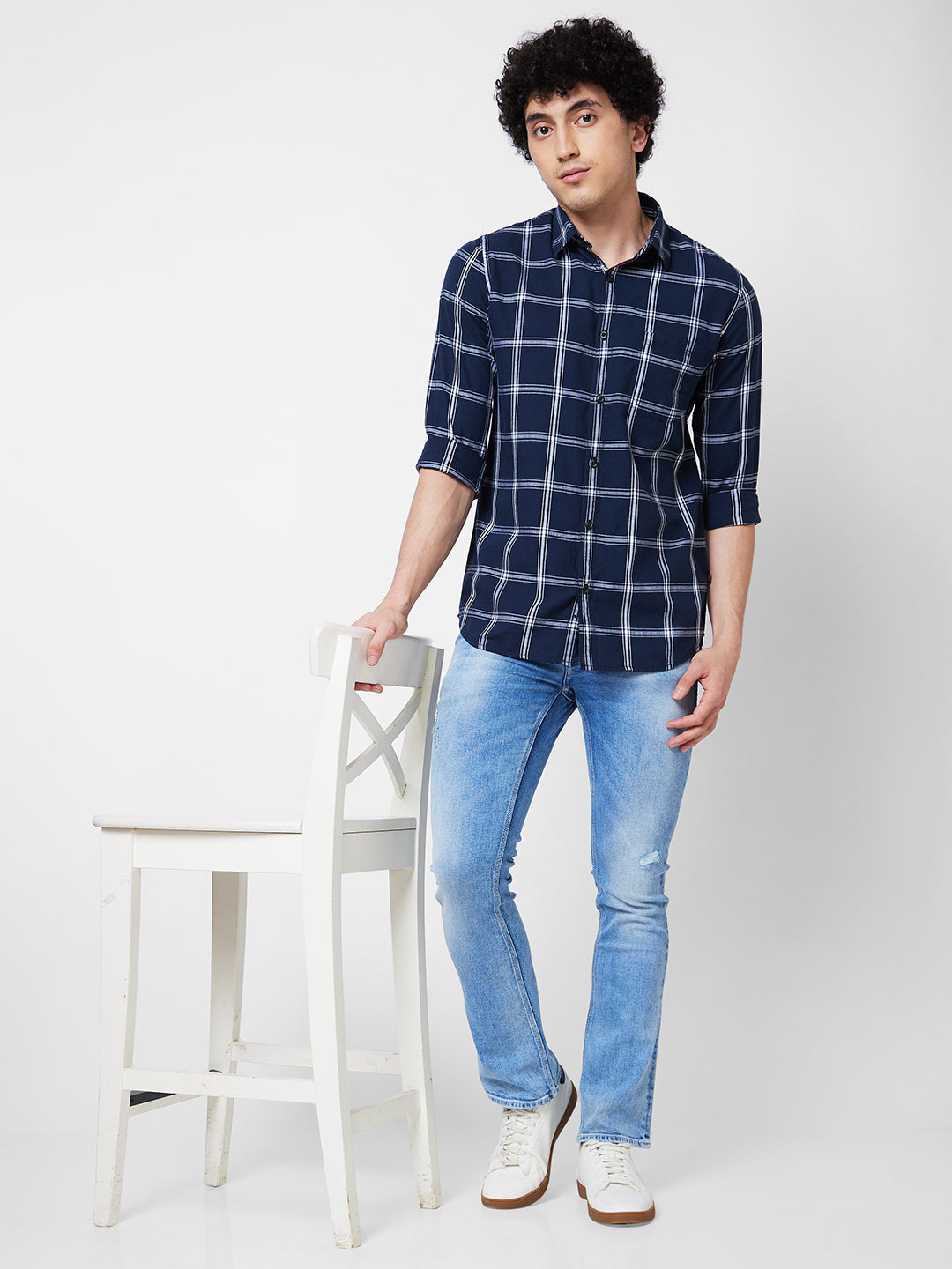 Spykar Blue CHECKED FULL SLEEVE Shirt For Men
