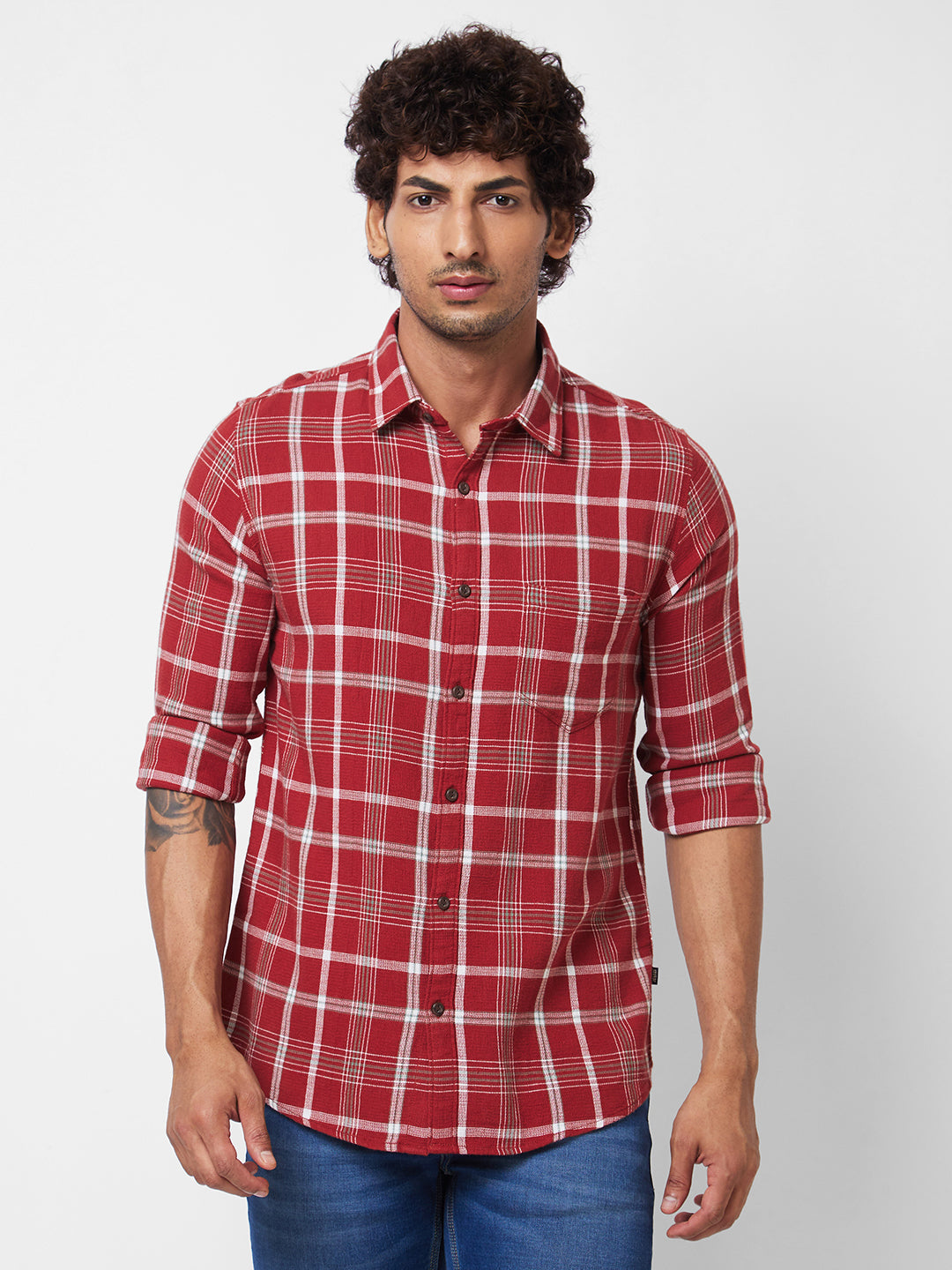 Spykar Red CHECKED FULL SLEEVE Shirt For Men