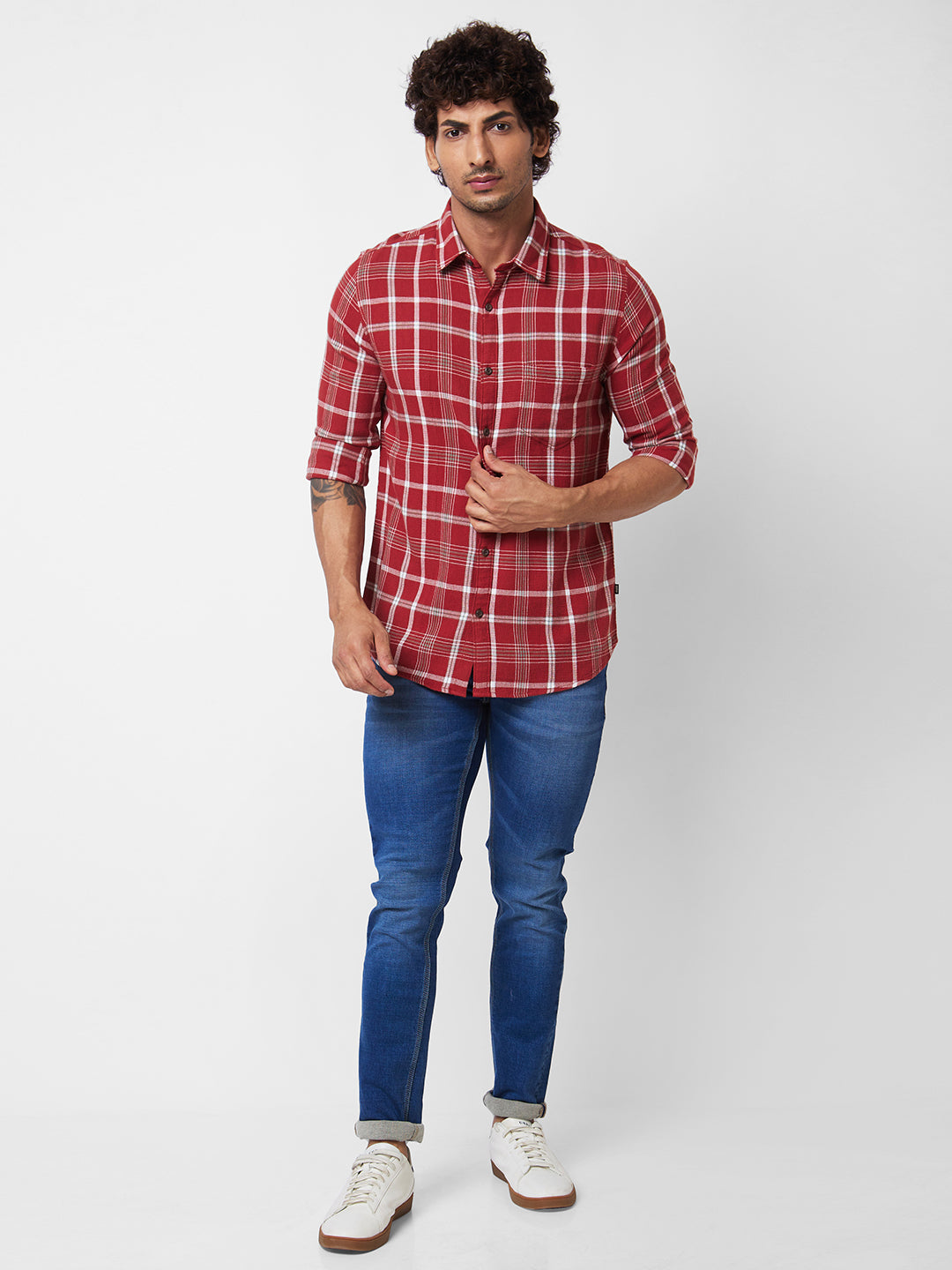 Spykar Red CHECKED FULL SLEEVE Shirt For Men