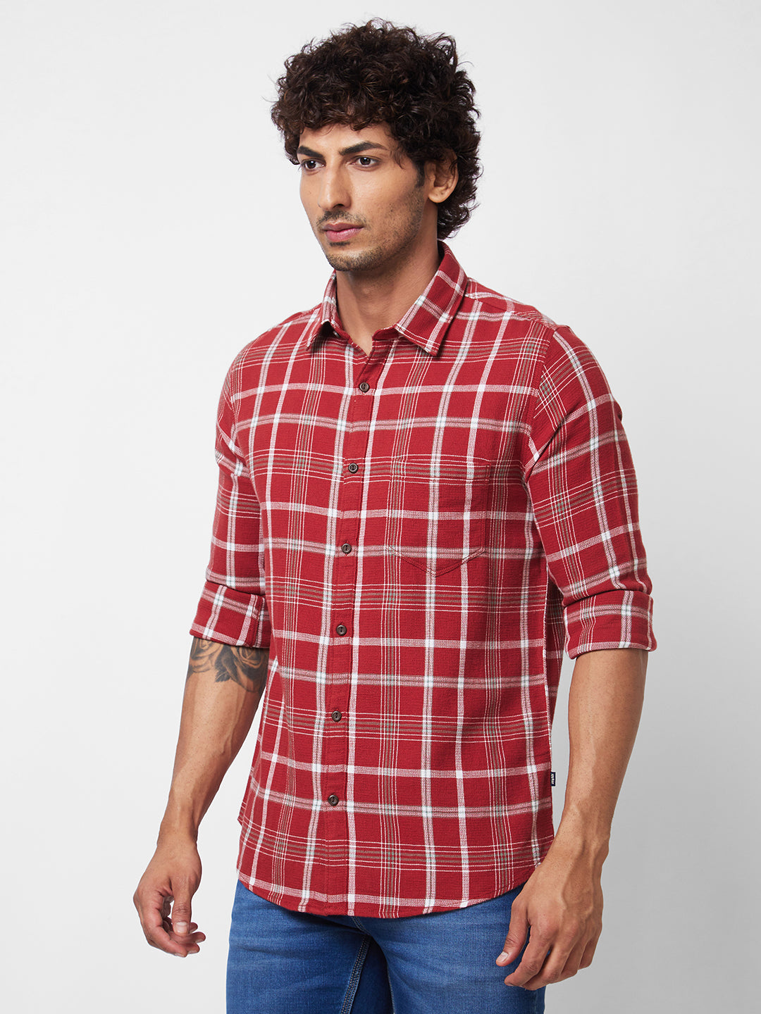 Spykar Red CHECKED FULL SLEEVE Shirt For Men