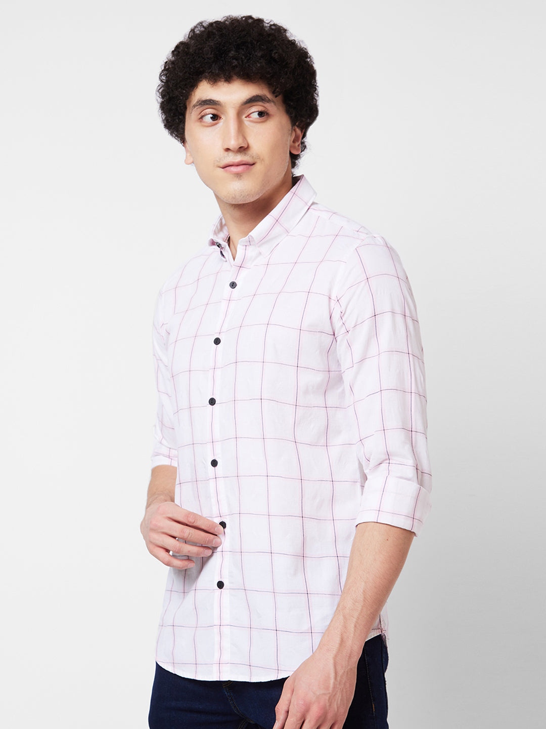 Spykar Pink CHECKED FULL SLEEVE Shirt For Men