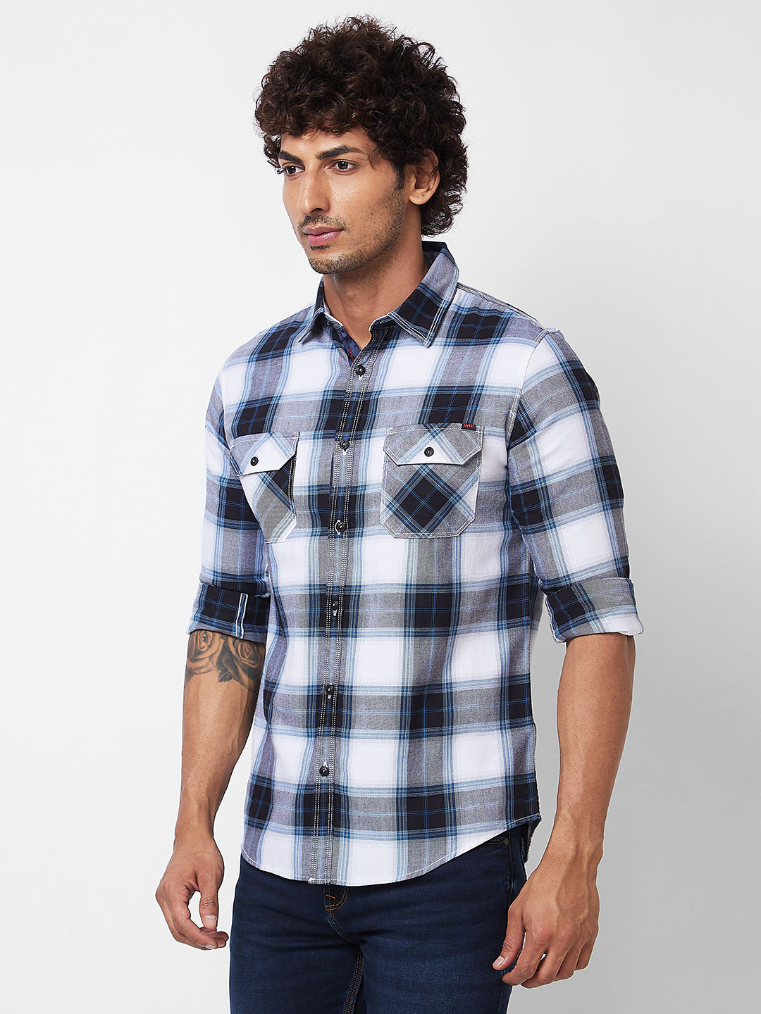 Spykar Grey CHECKED FULL SLEEVE Shirt For Men