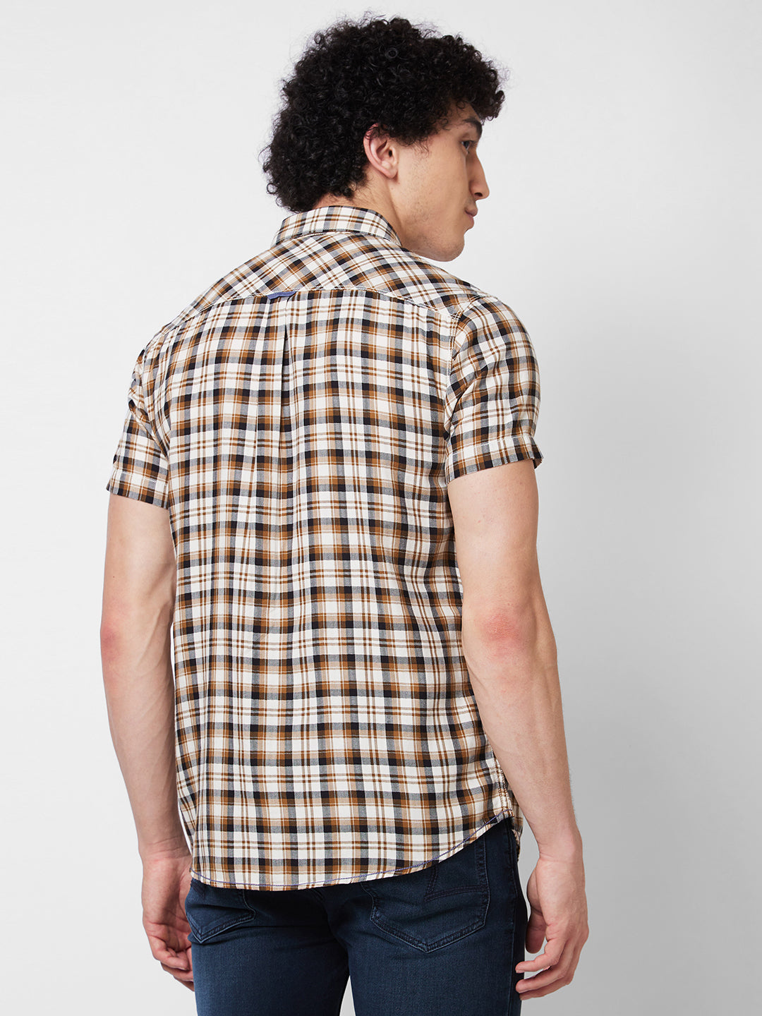 Spykar Khaki CHECKED HALF SLEEVE Shirt For Men