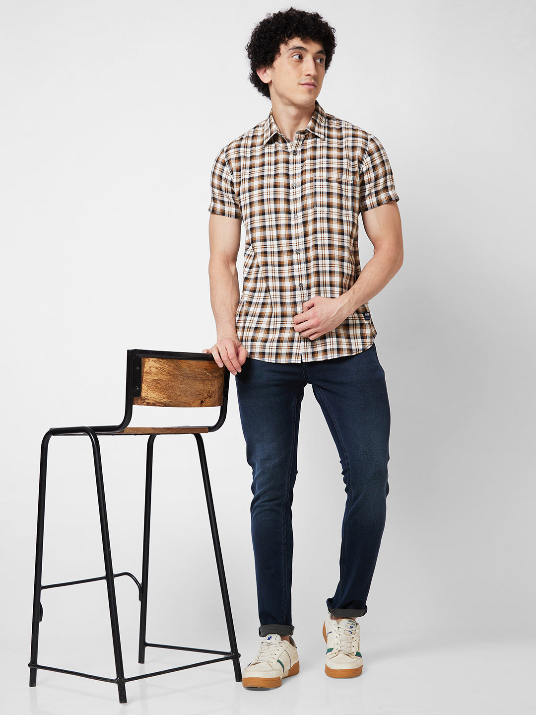 Spykar Khaki CHECKED HALF SLEEVE Shirt For Men